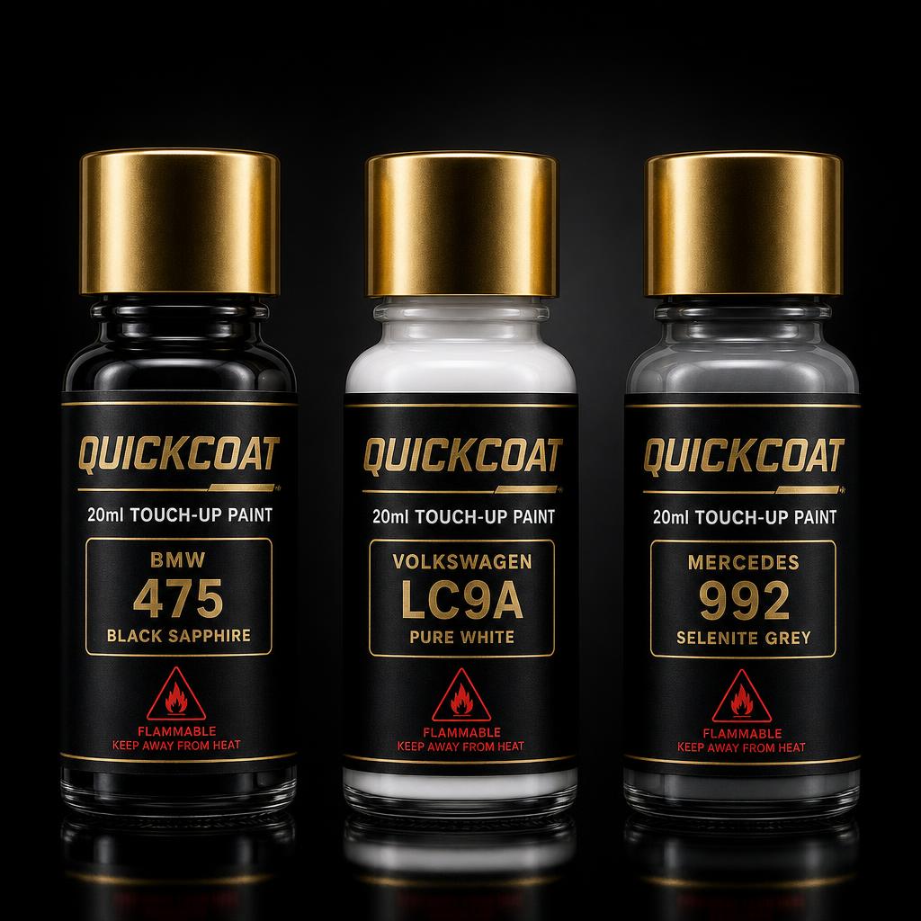 Three QuickCoat 20ml bottles — BMW 475, Volkswagen LC9A, Mercedes 992
